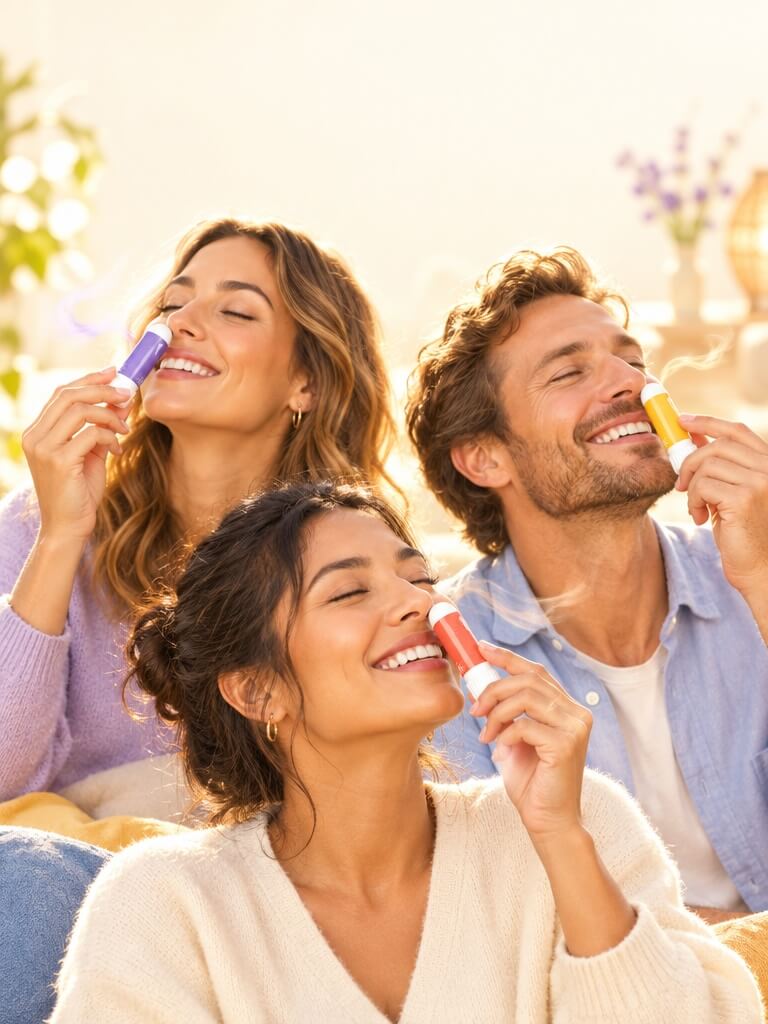 Friends smiling holding colourful GOGOSTIX inhalers